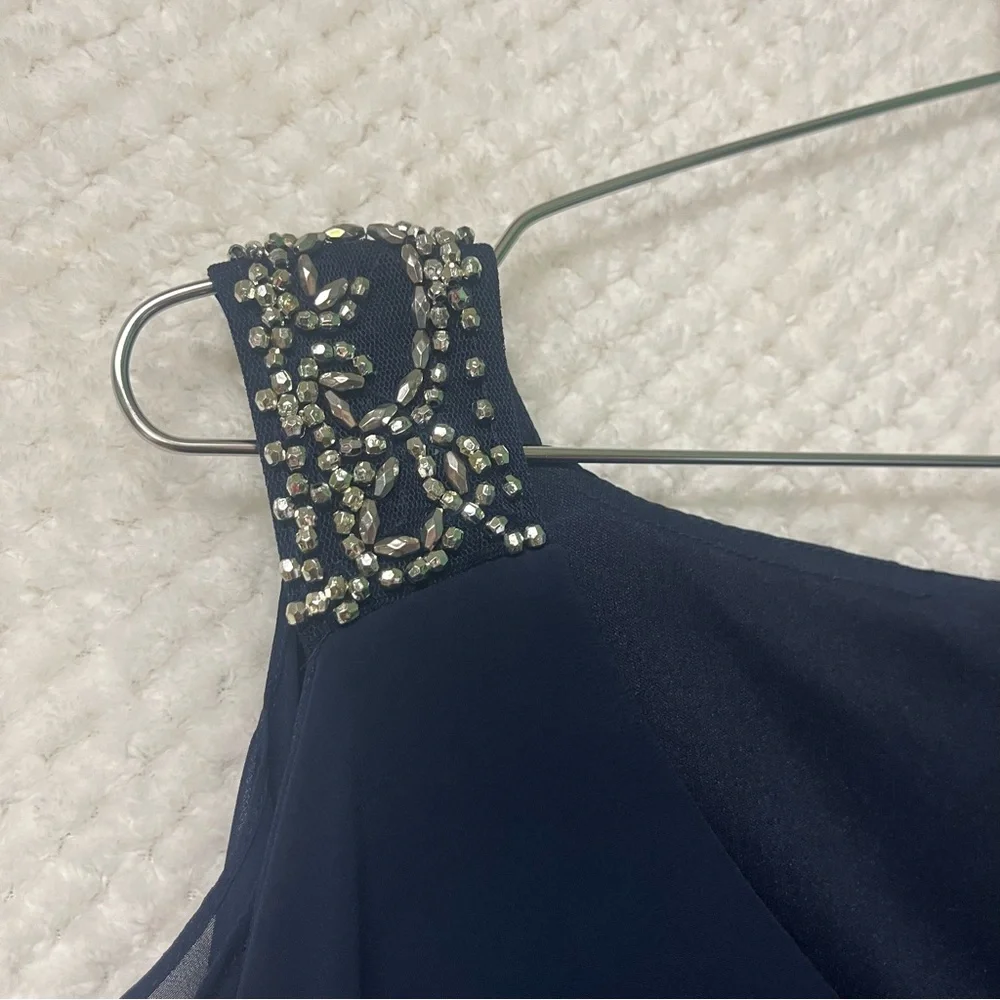 Betsy & Adam Navy Blue Cold Shoulder Popover Dress Embellished Cuffs Size 10 - Picture 4 of 12